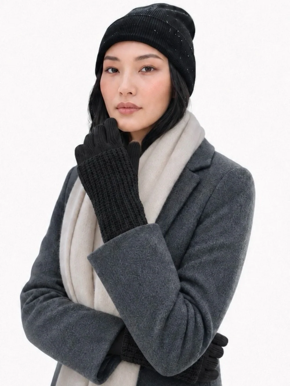 AllSaints Angled Stitch Marled Wool Blend Gloves Black NWT